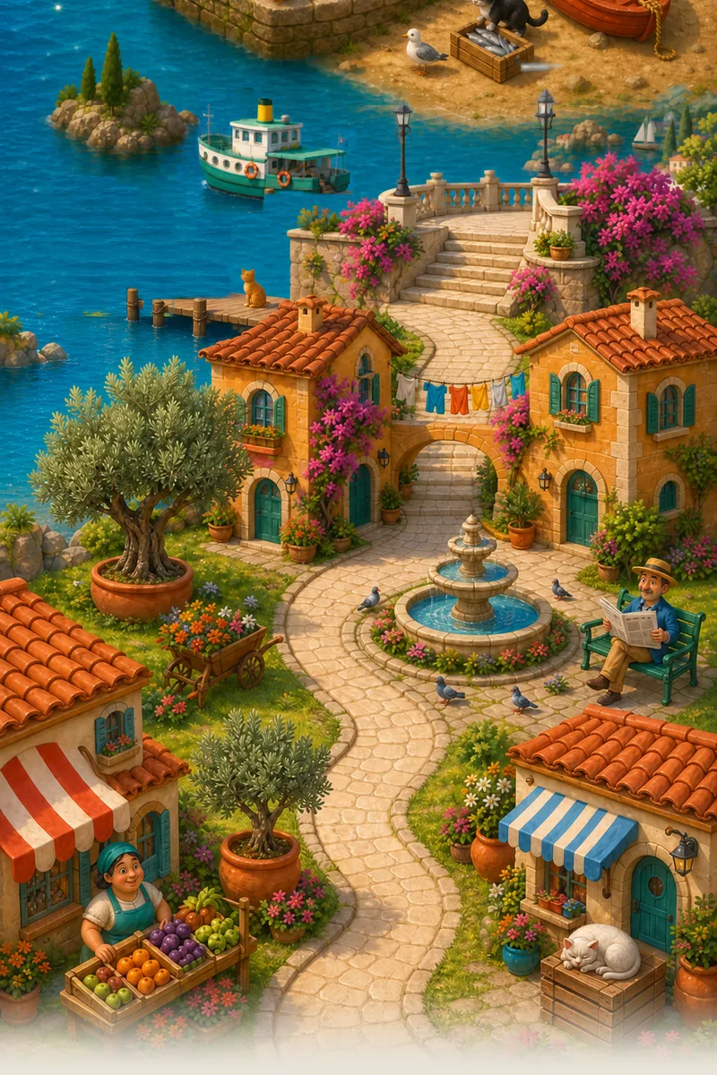 A painted Mediterranean town square with a fountain, market stalls and a winding yarn road.