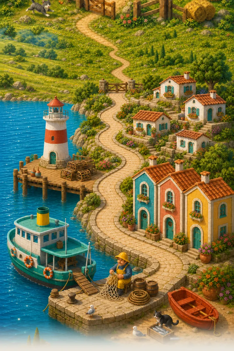 A painted harbour with a lighthouse, a ferry at the quay and colourful fishermen’s houses.