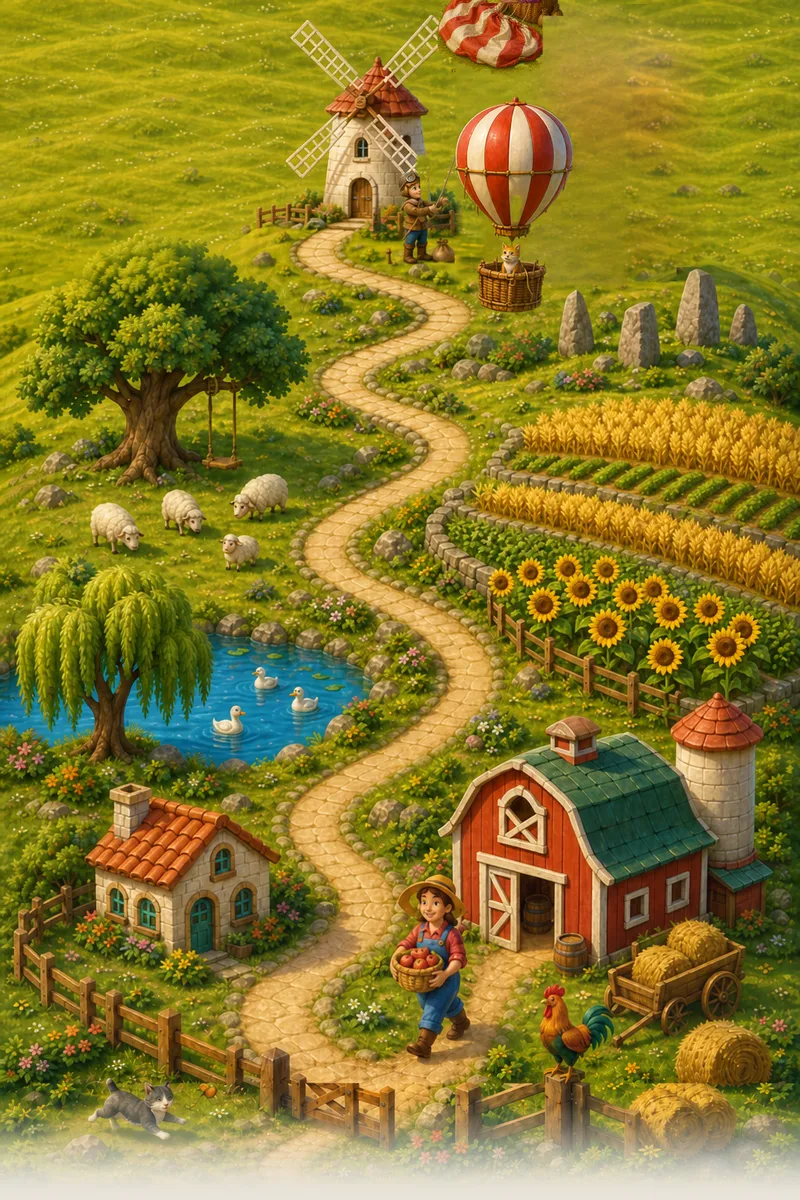 Painted green hills with farms, a red barn, sunflower fields and a hot-air balloon.