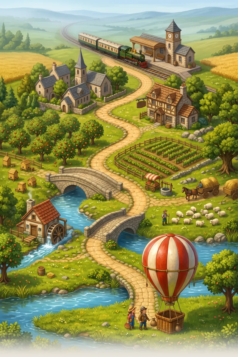 A painted river valley with a stone bridge, a watermill, orchards and a landed hot-air balloon.