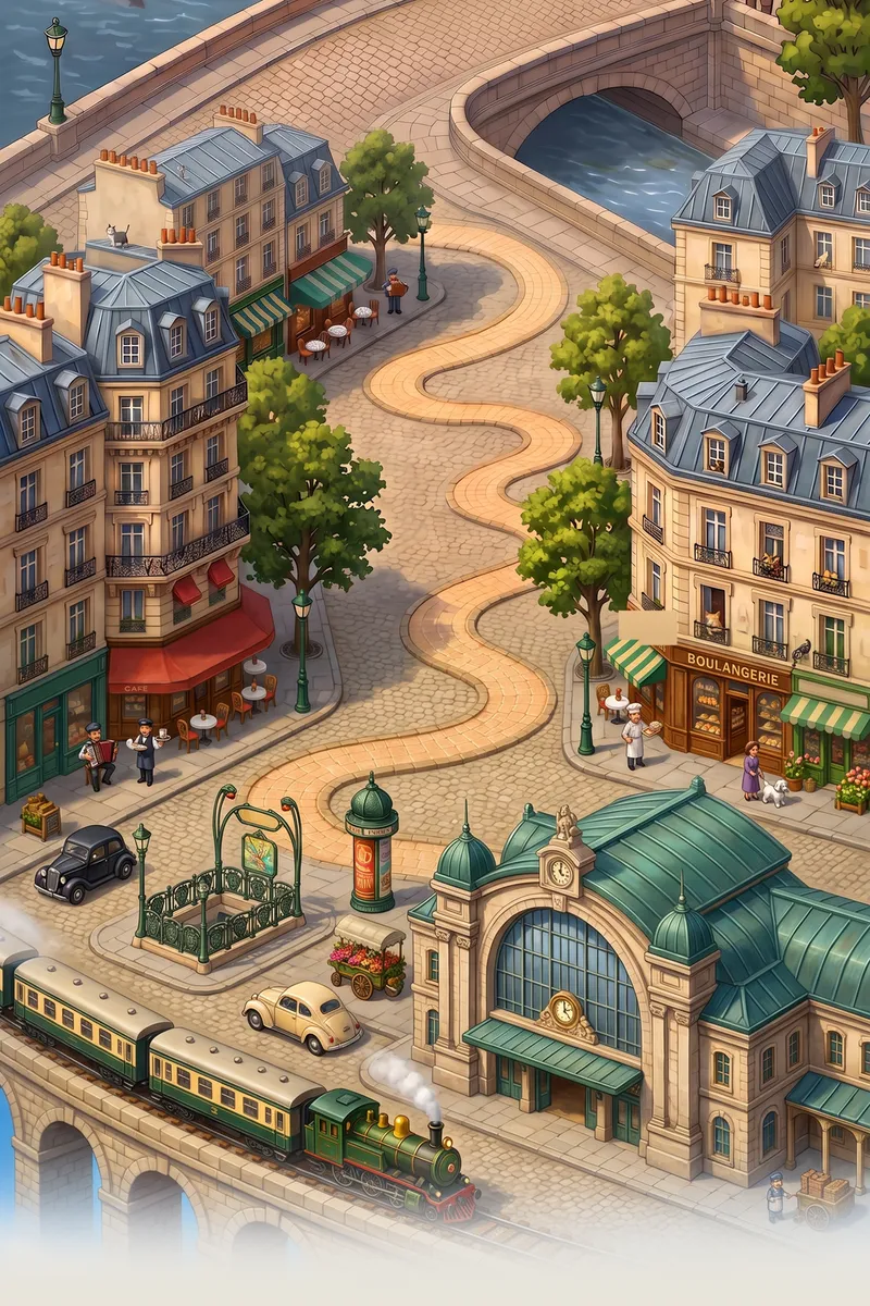 A painted Paris station square with a green-roofed terminal, a Métro entrance and cafés.
