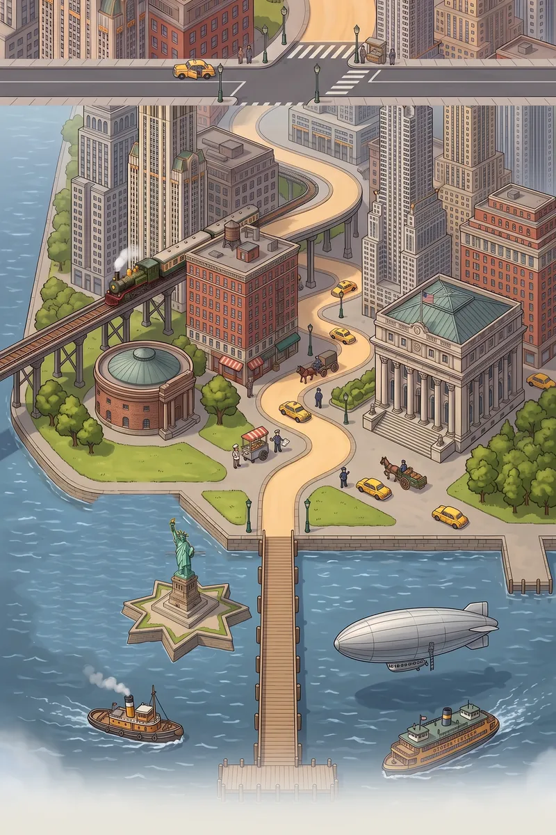 Painted lower Manhattan with the Statue of Liberty, a ferry pier and the first towers.