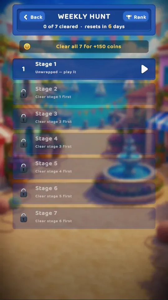 The weekly hunt: seven stages, the first unlocked, with a reward for clearing all seven.